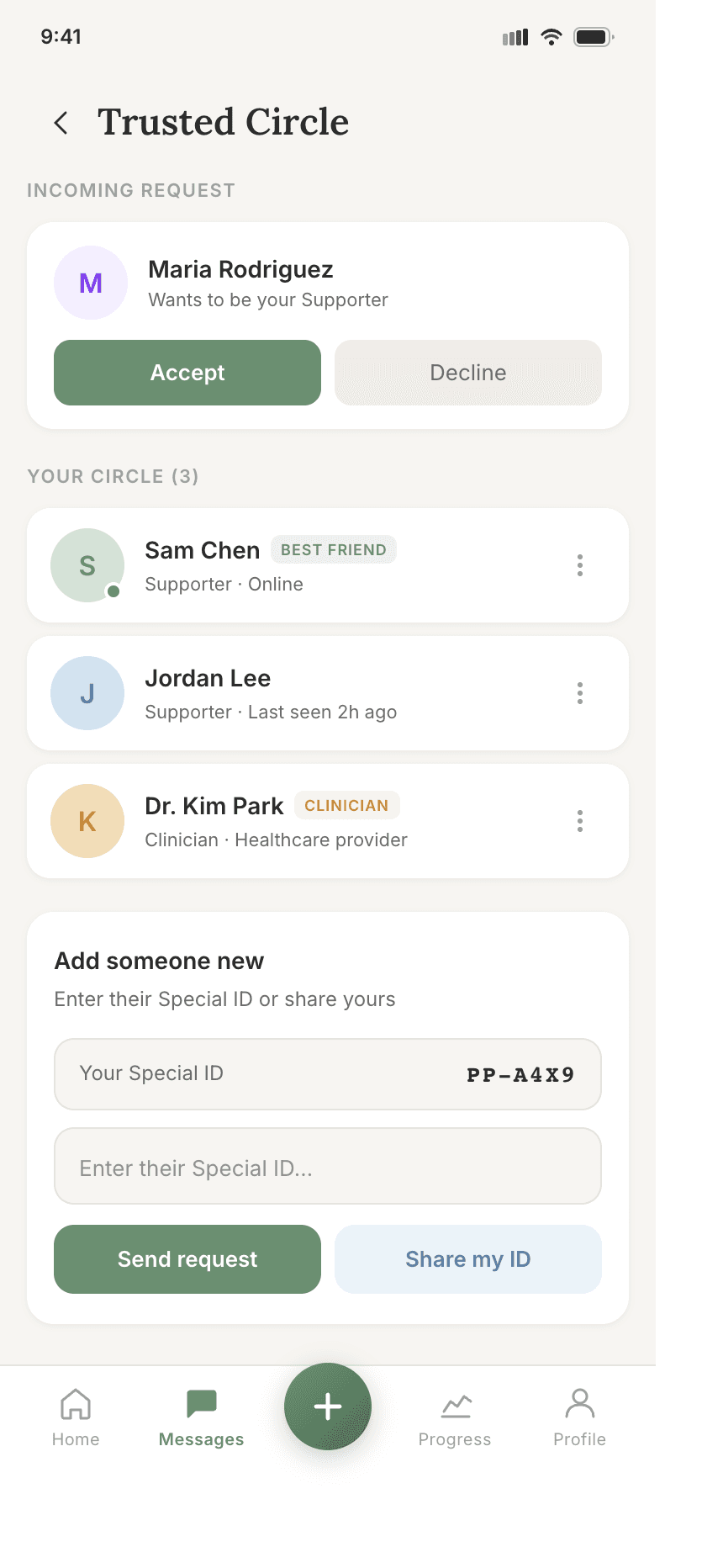 Patient trusted circle screen